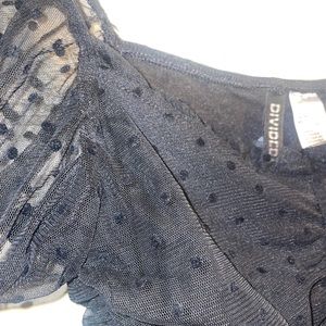 Divided mesh polka dot ruched little black dress